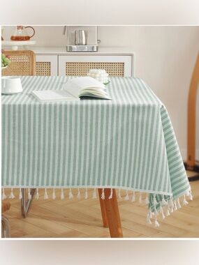 Farmhouse Striped Tablecloth with Tassel Trim Cotton Blend SQUARE 36x36” GREEN